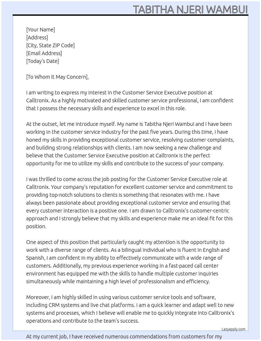 Customer Service Executive At Calltronix Cover Letter
