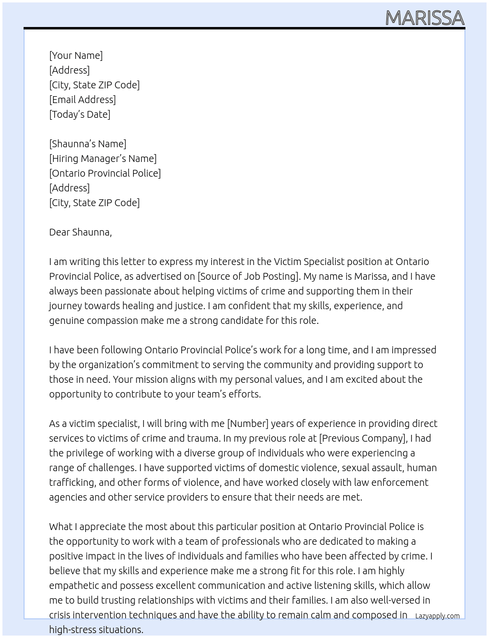 victim specalist At ontario provincial police Cover Letter