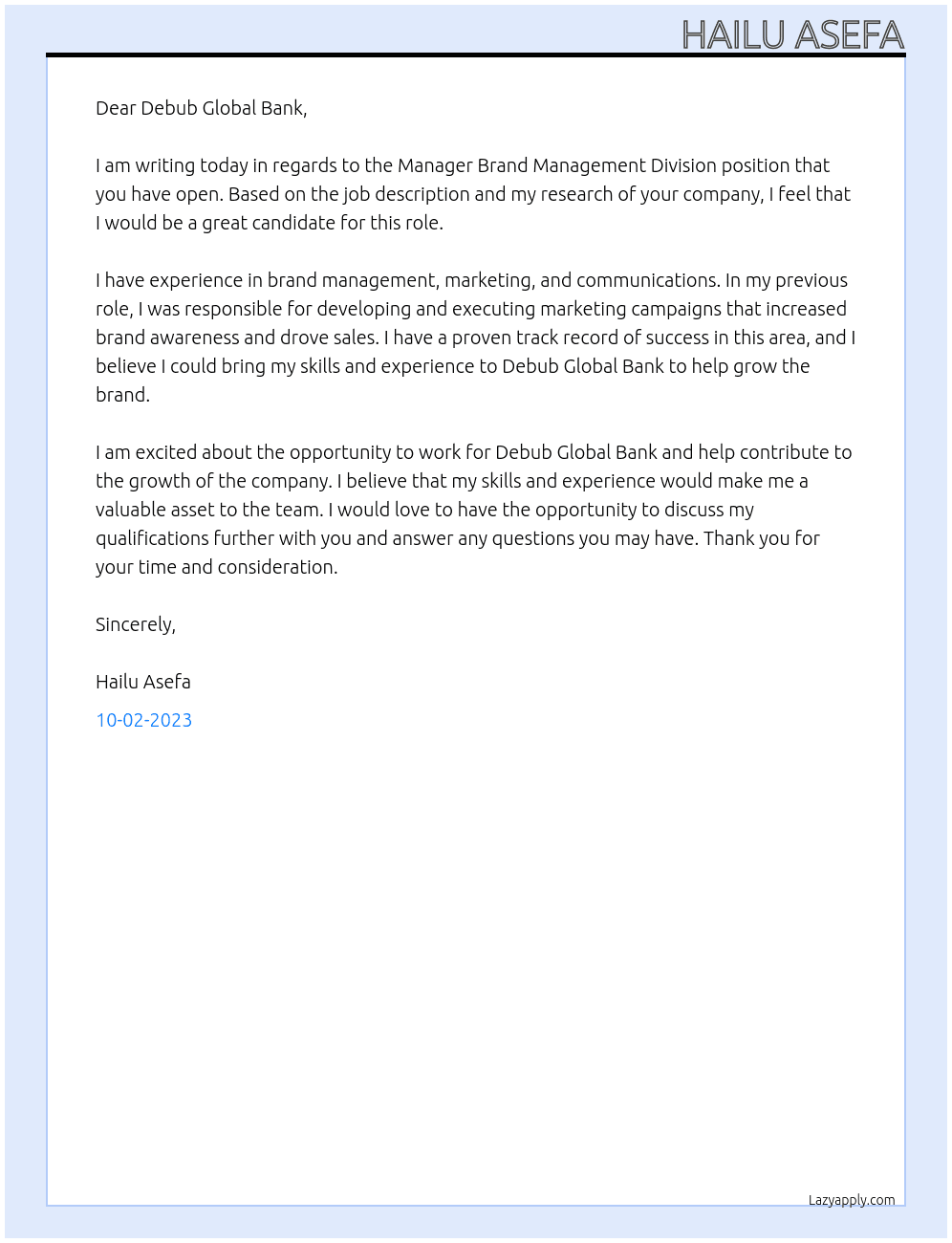 Manager Brand Management Division At Debub Global Bank Cover Letter