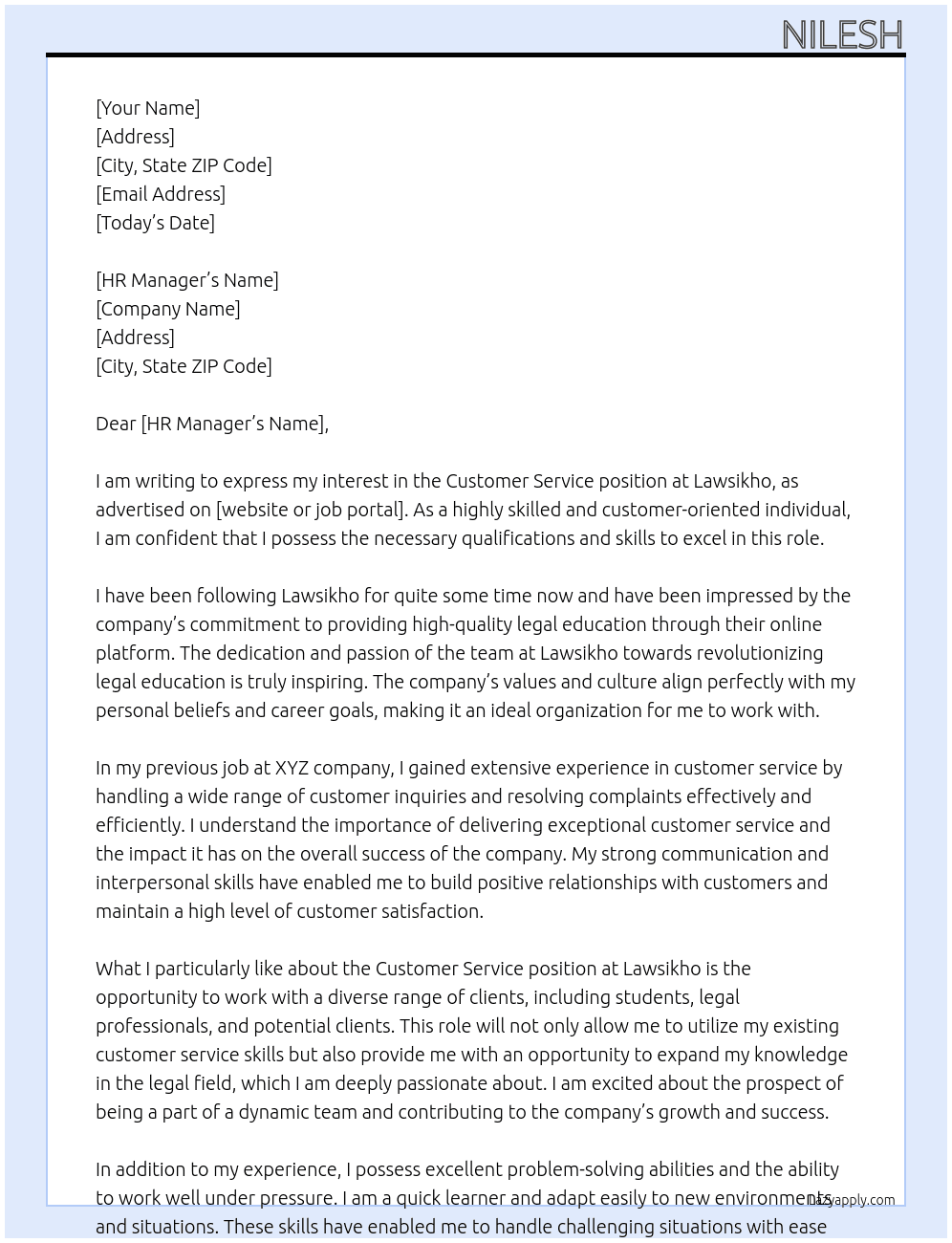 Customer Service  At Lawsikho Cover Letter