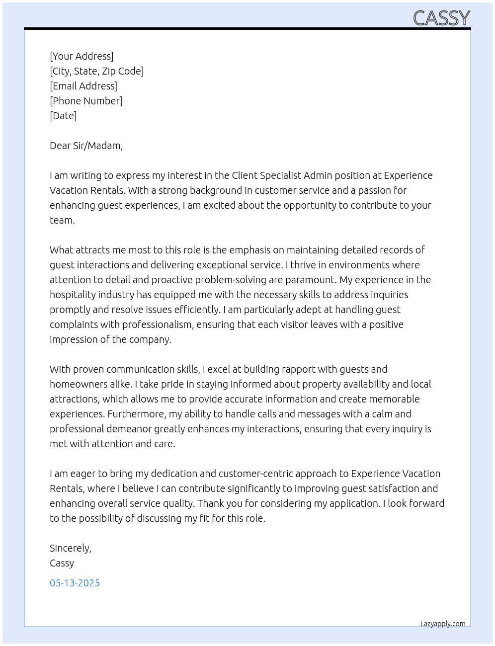 Client Specialist Admin At Experience Vacation Rentals Cover Letter