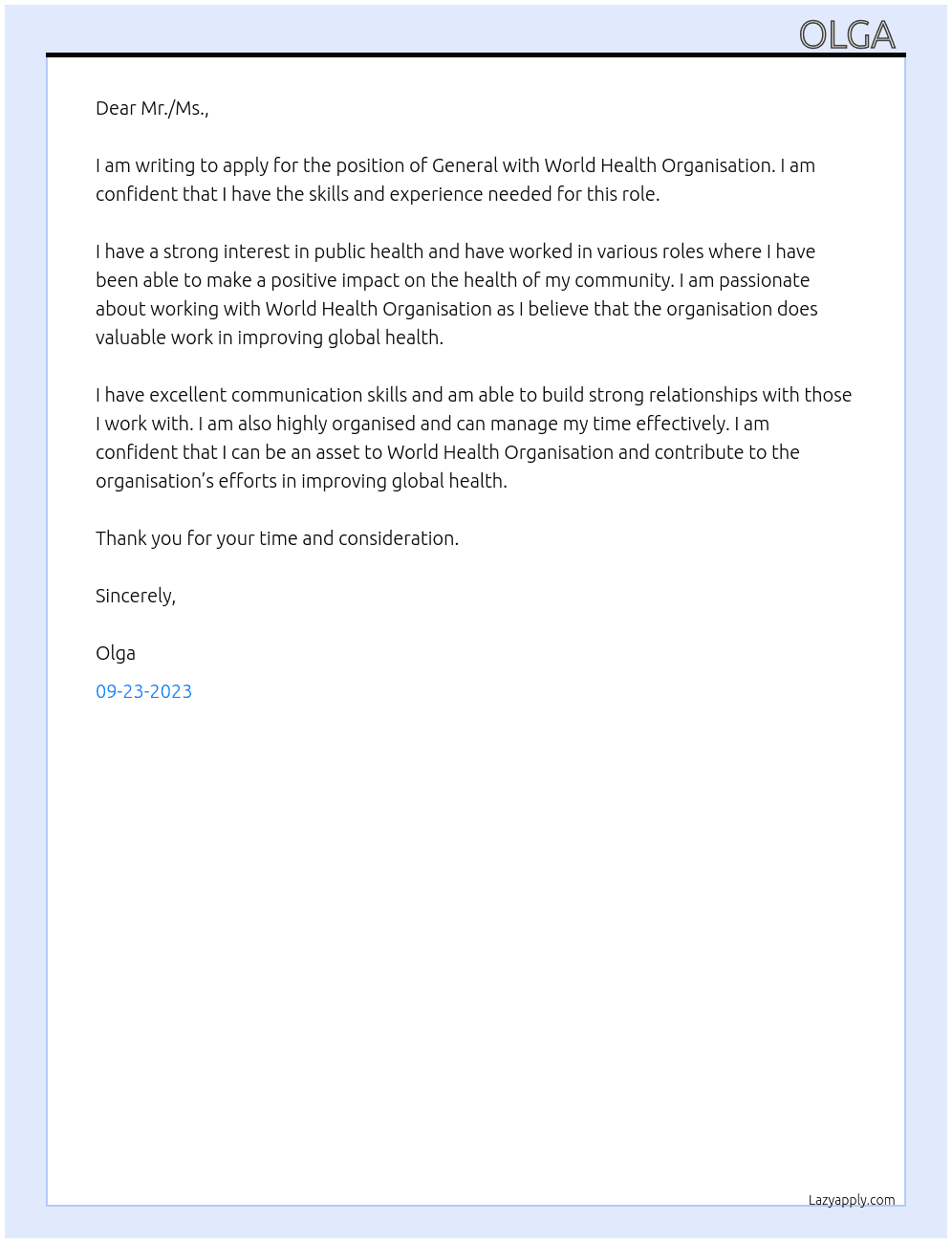 General At World Health Organisation Cover Letter