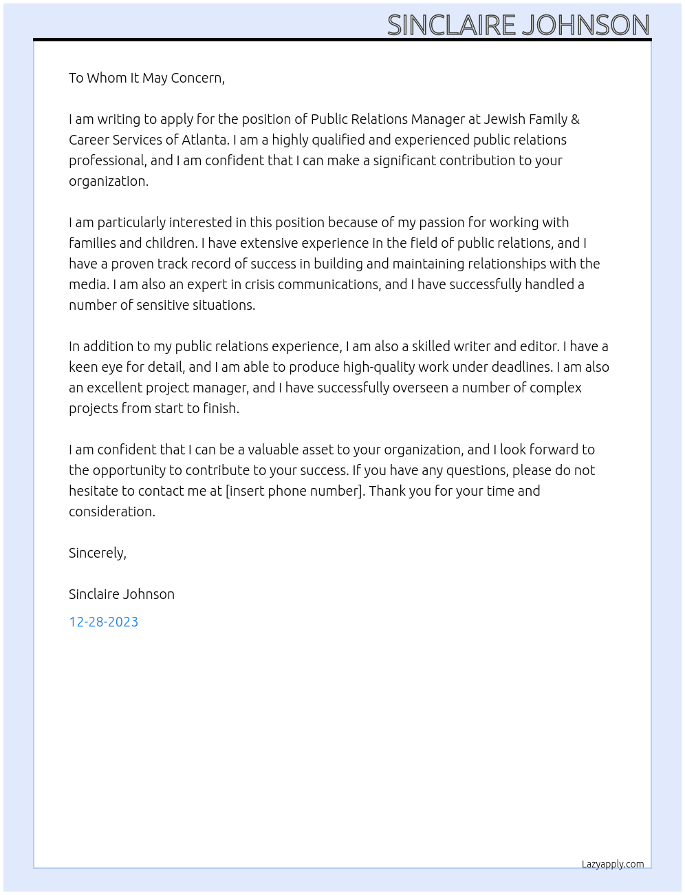 Public Relations Manager At Jewish Family & Career Services of Atlanta Cover Letter