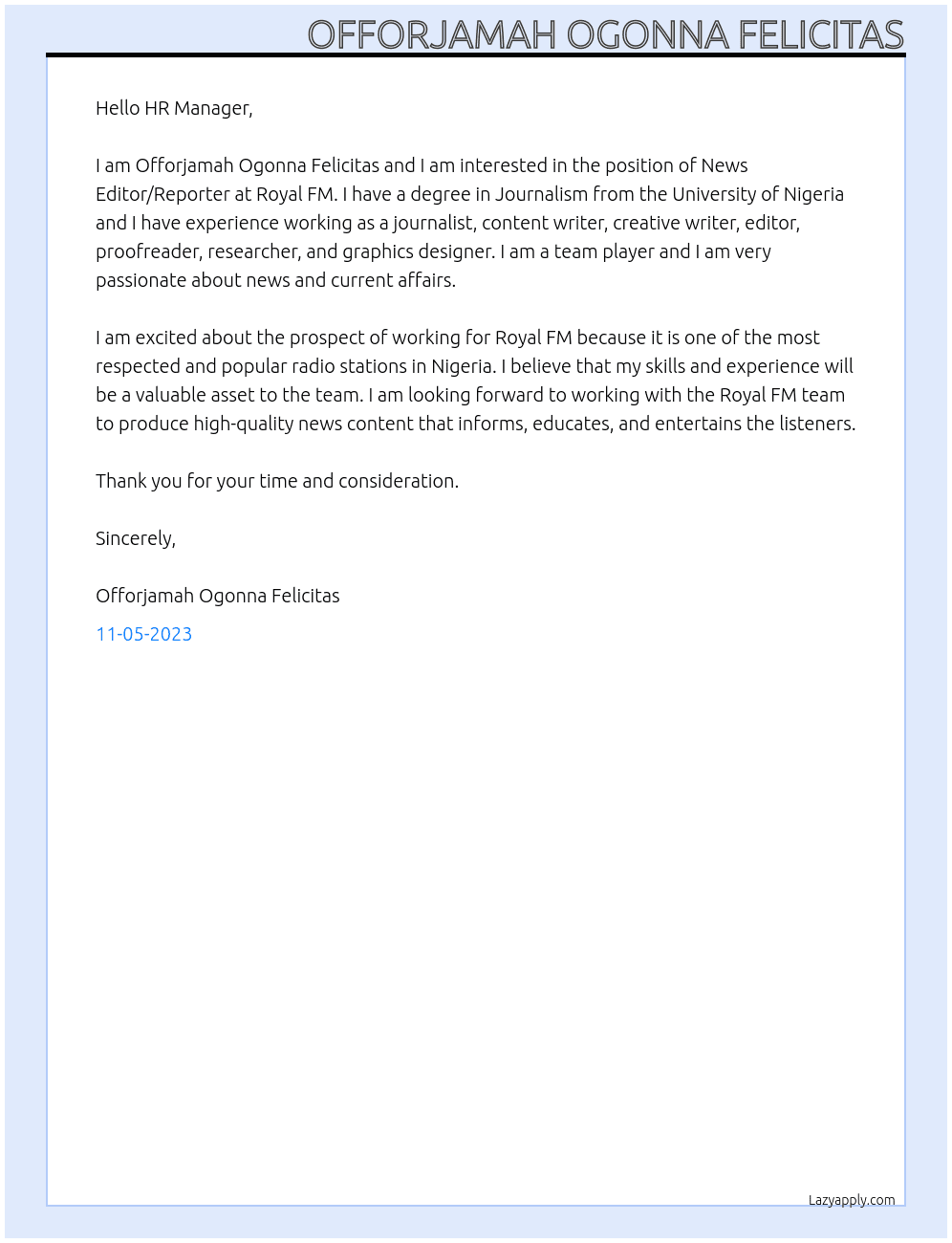 News Editor/Reporter At Royal FM Cover Letter