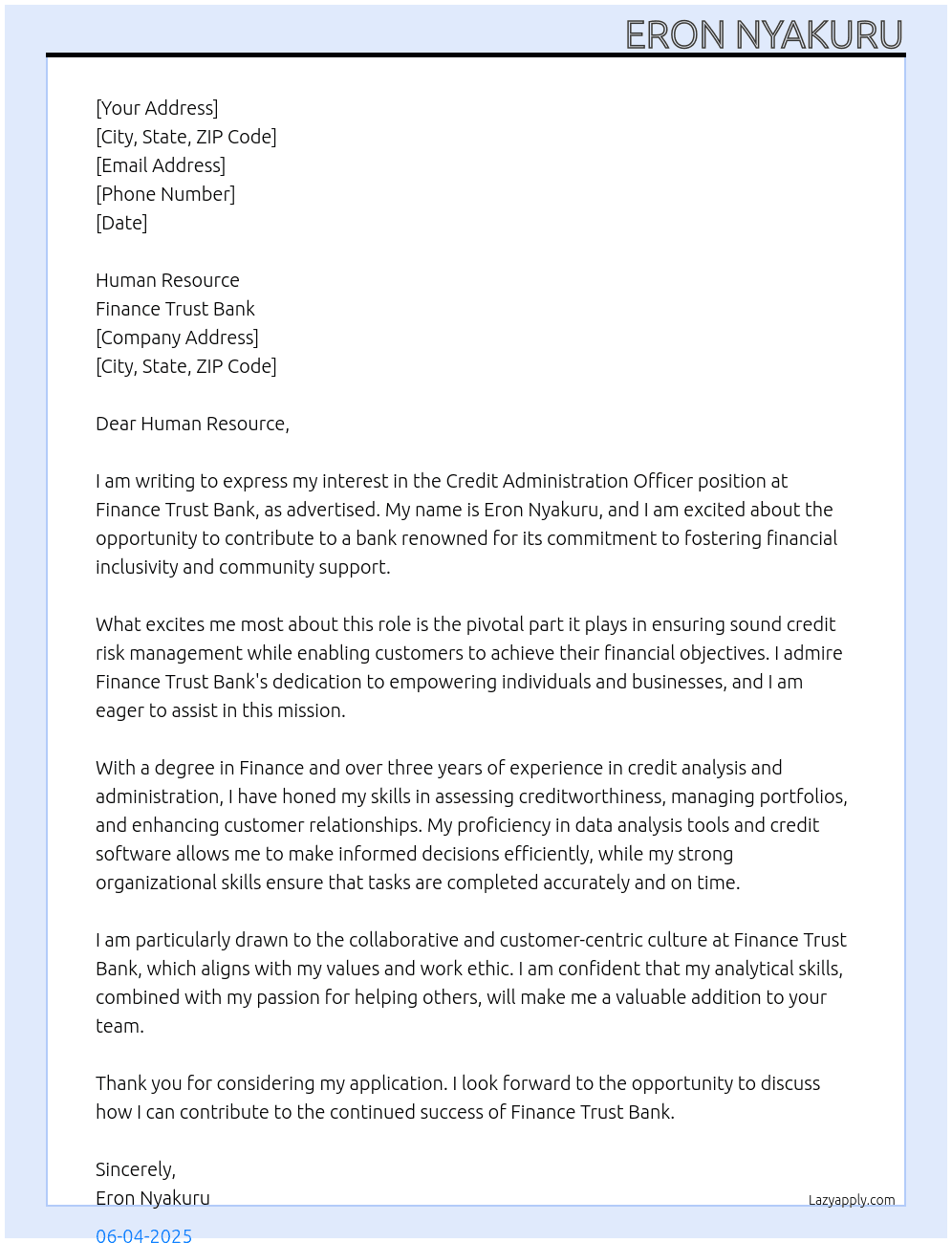 Credit Administration officer At Finance trust bank Cover Letter