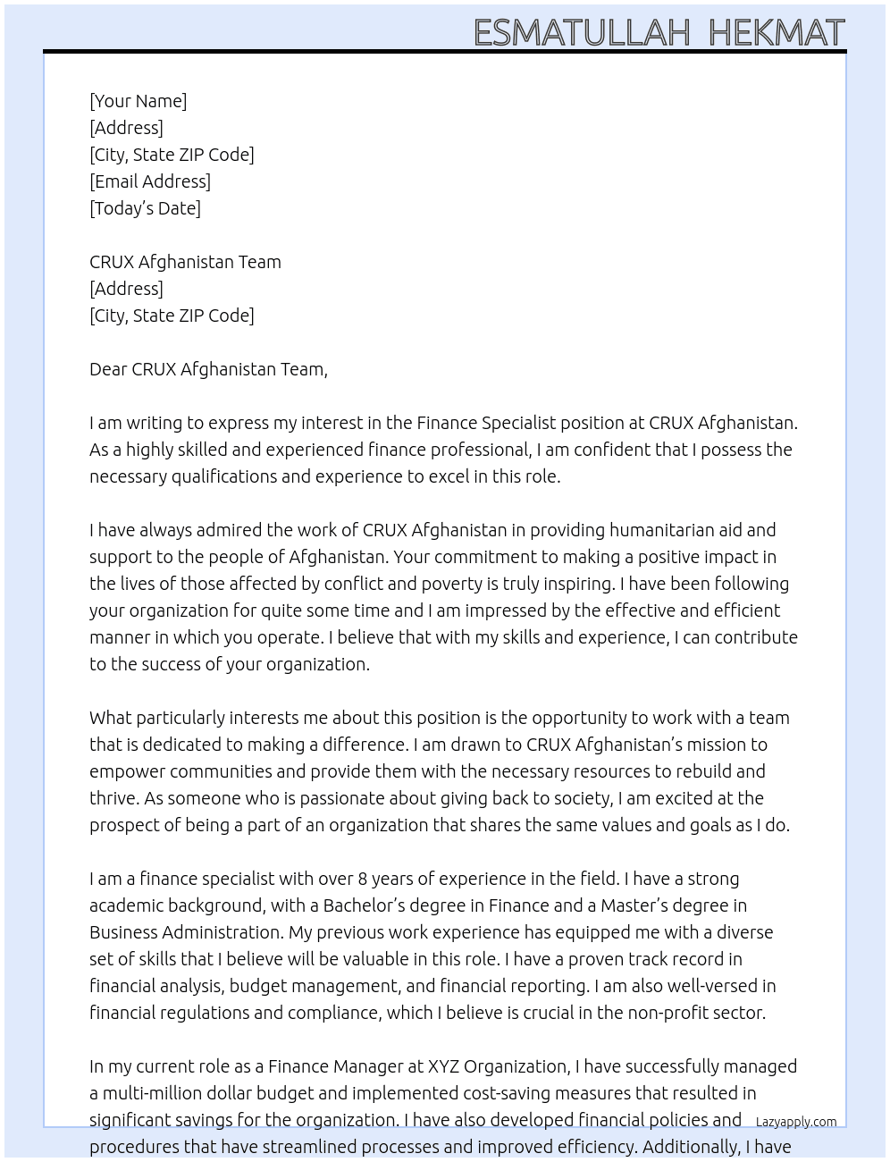 Finance Specialist At CRUX Afghanistan Cover Letter