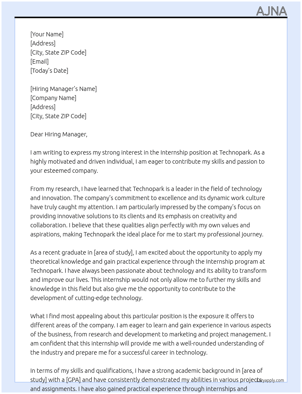Internship  At Technopark  Cover Letter