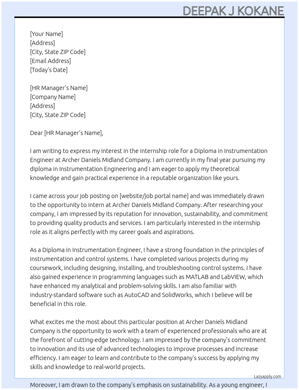 Diploma in instrumentation engineer ( Appear final year) At Archer Daniels Midland Company  Cover Letter