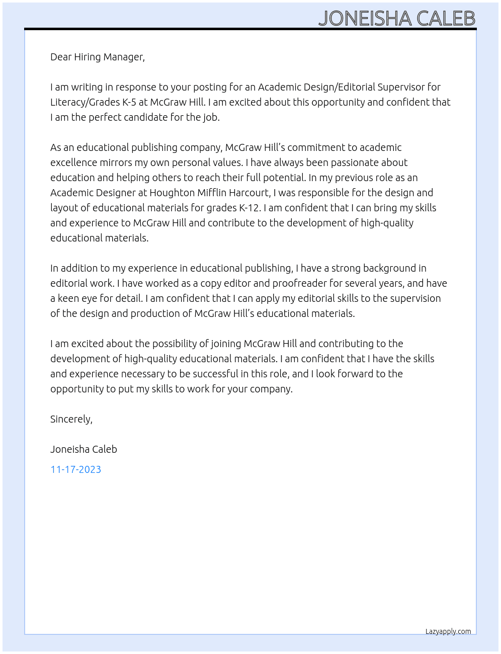 Academic Design/Editorial Supervisor, Literacy/Grades K-5 At McGraw Hill Cover Letter