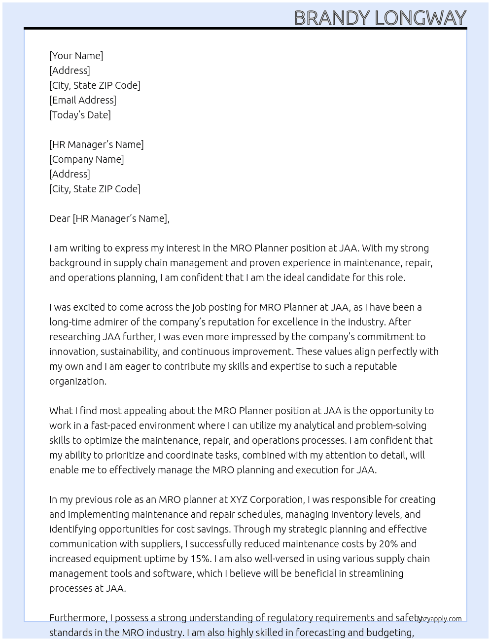 MRO Planner At JAA Cover Letter