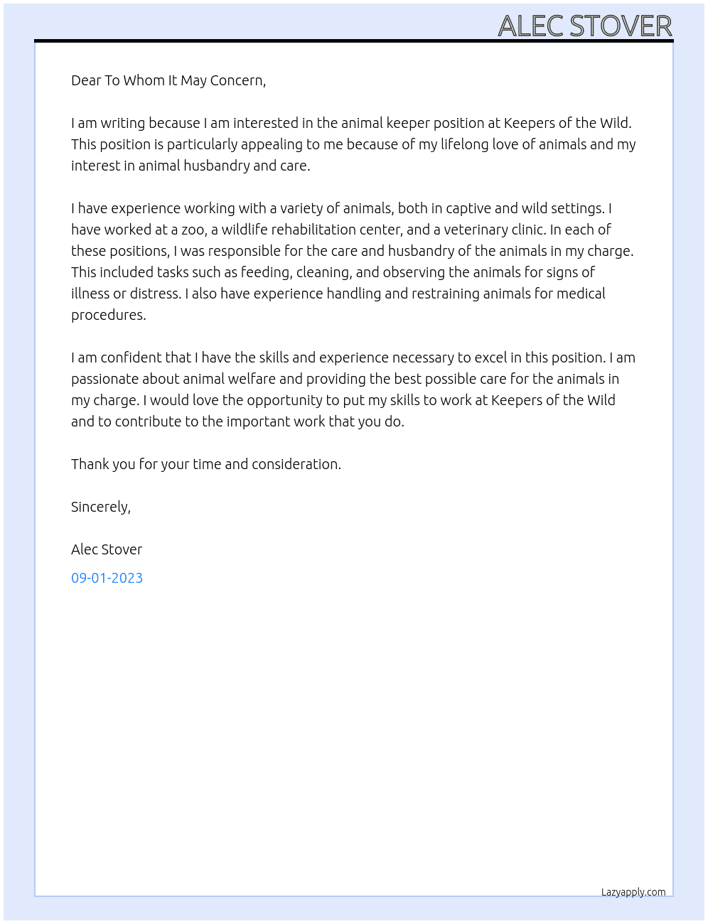 Animal Keeper At Keepers of the Wild Cover Letter