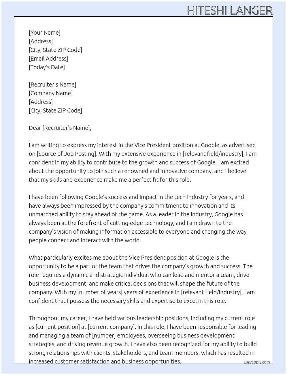 Vice President At google Cover Letter