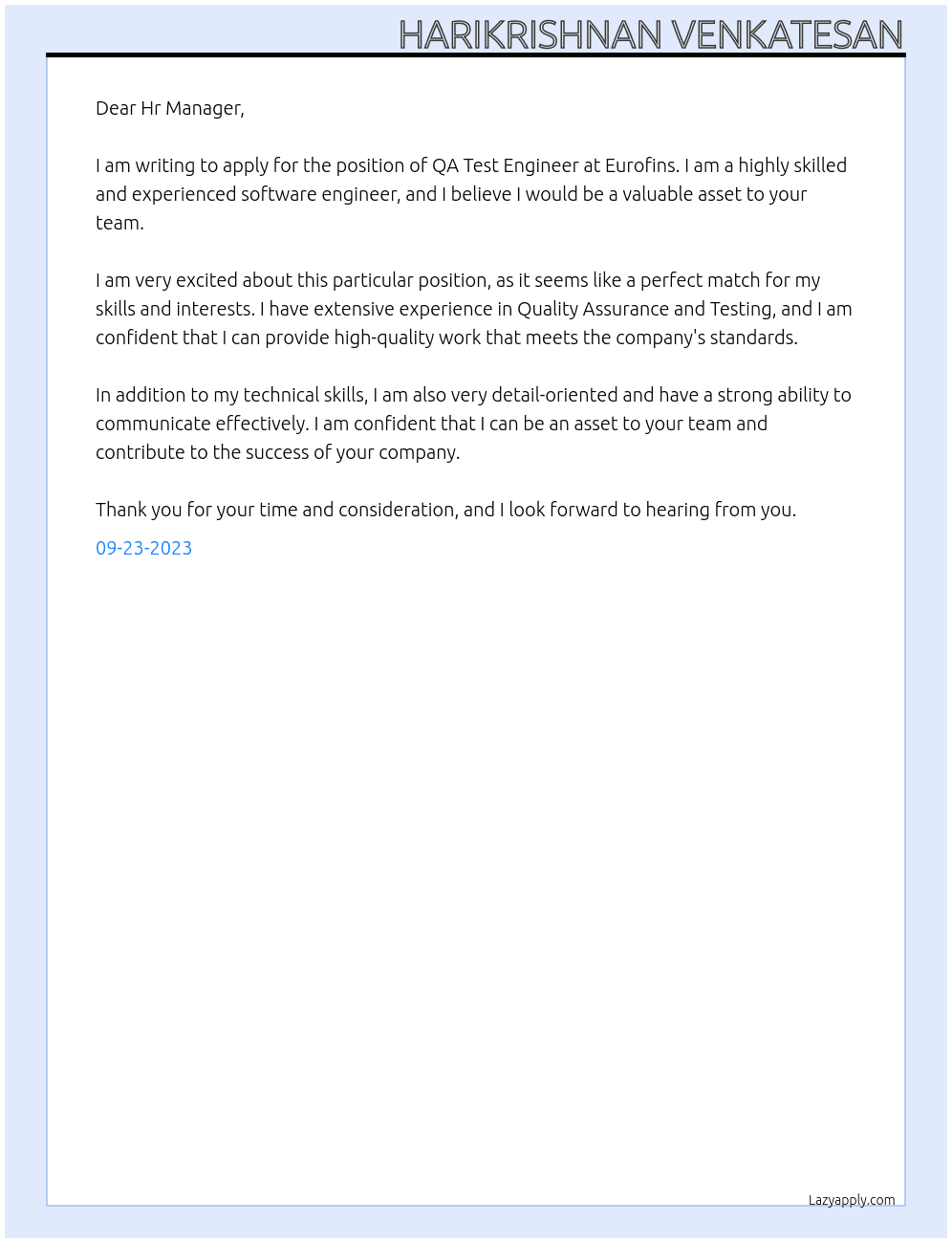 QA Test Engineer  At Eurofins Cover Letter