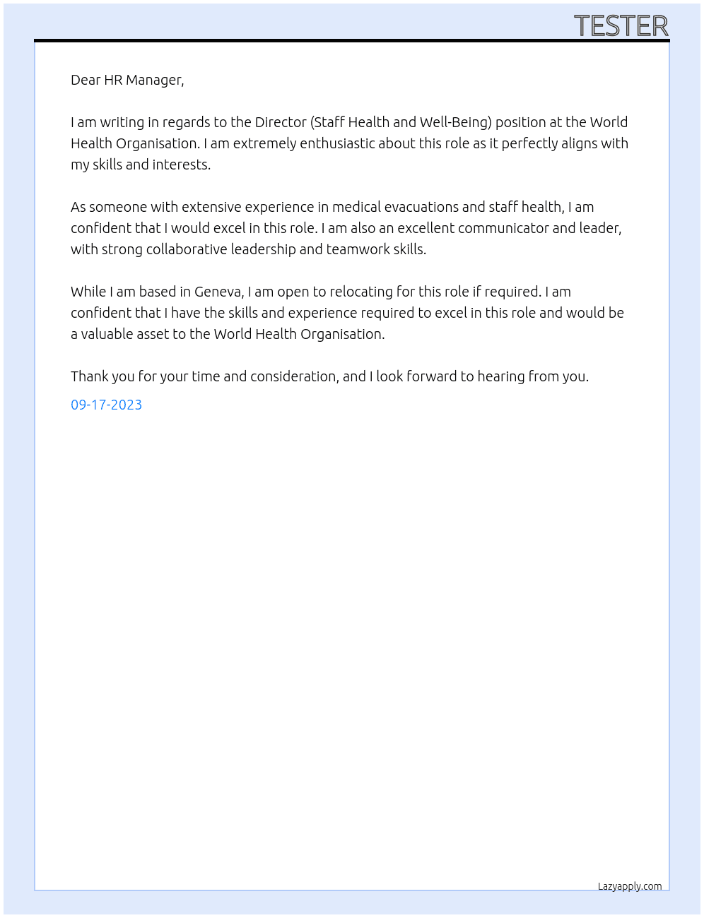 Director (Staff Health and Well-Being) At World Health Organisaton  Cover Letter