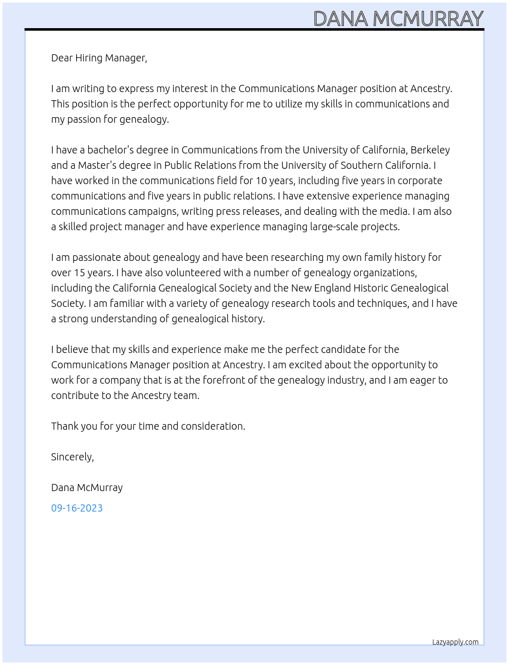 Communications Manager At Ancestry Cover Letter