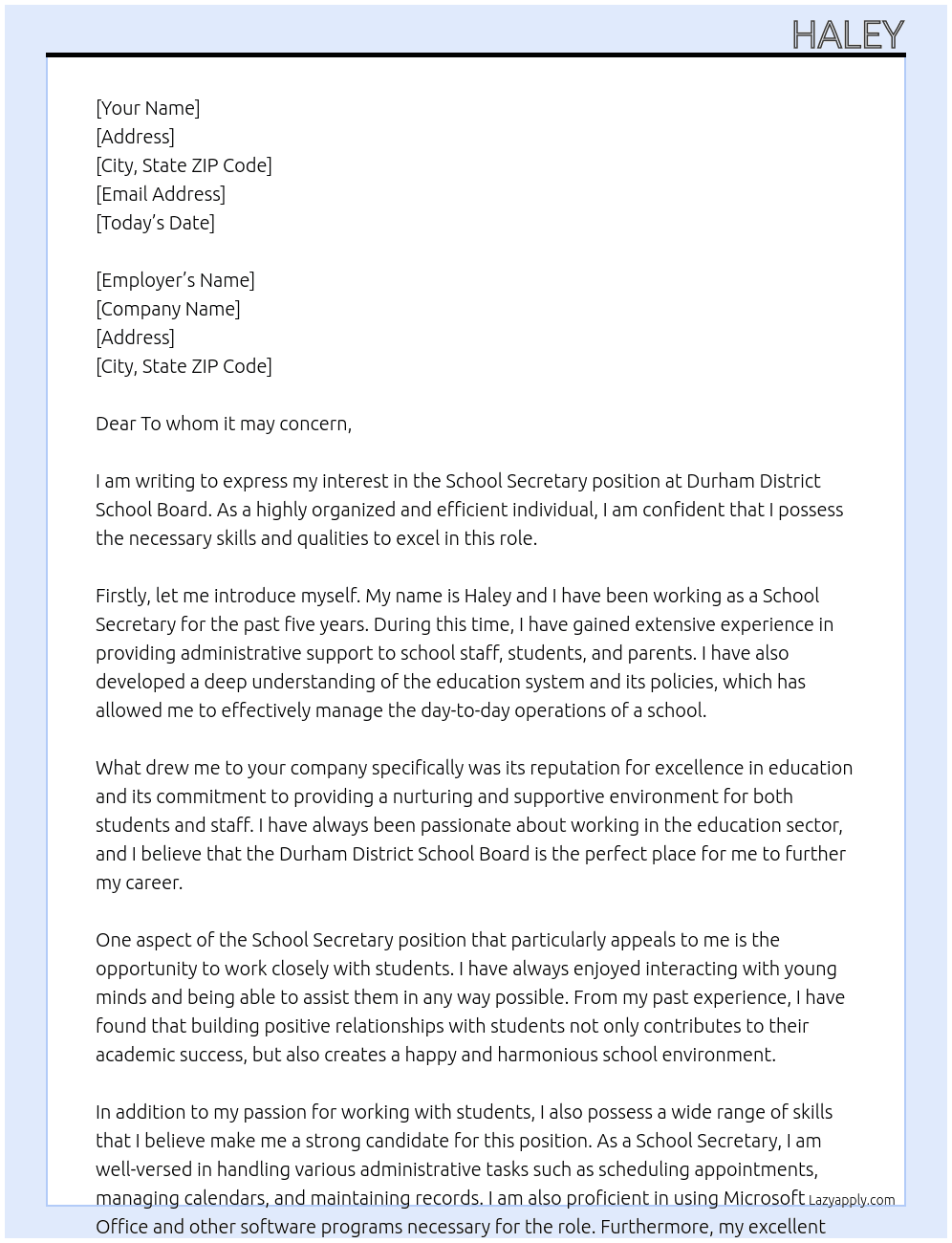 School Secretary  At Durham District School Board  Cover Letter