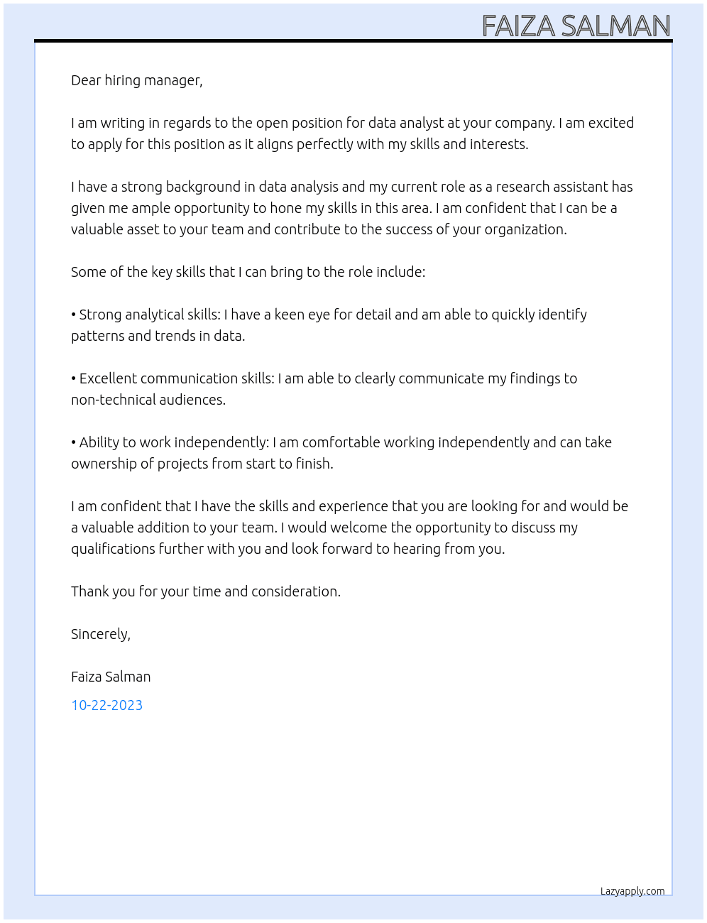 data analyst  At company applying  Cover Letter