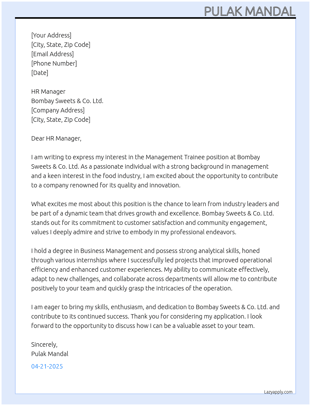 Management Trainee At Bombay Sweets & Co. Ltd. Cover Letter