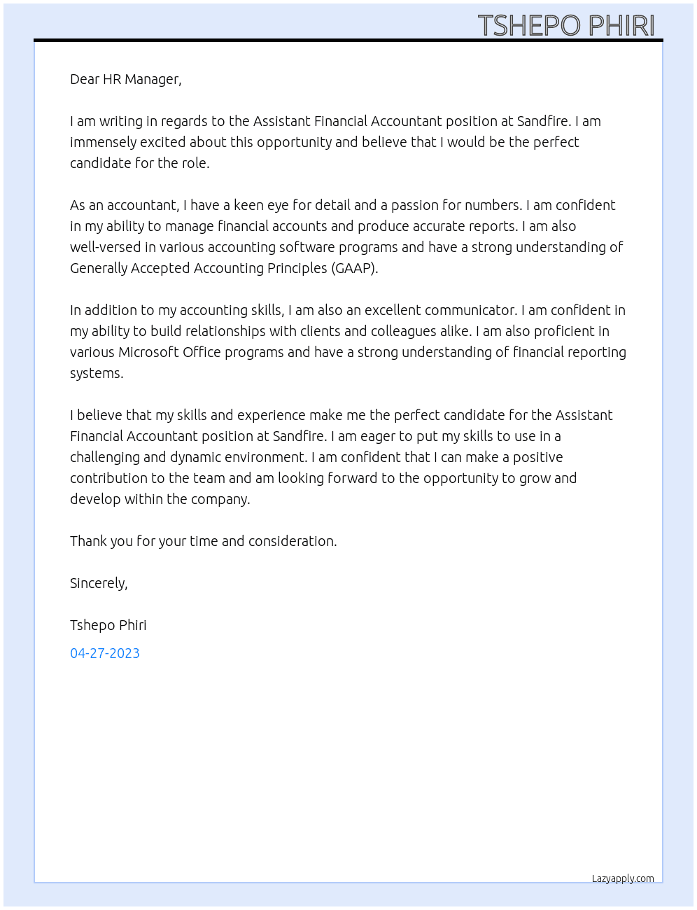 Assistant Financial Accountant  At Sandfire Cover Letter
