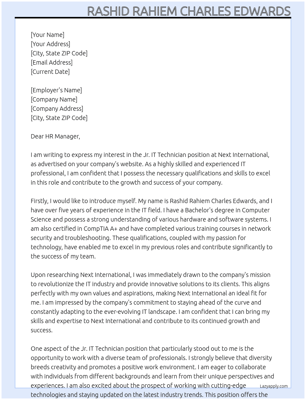 Jr. IT Technician  At Next International Cover Letter