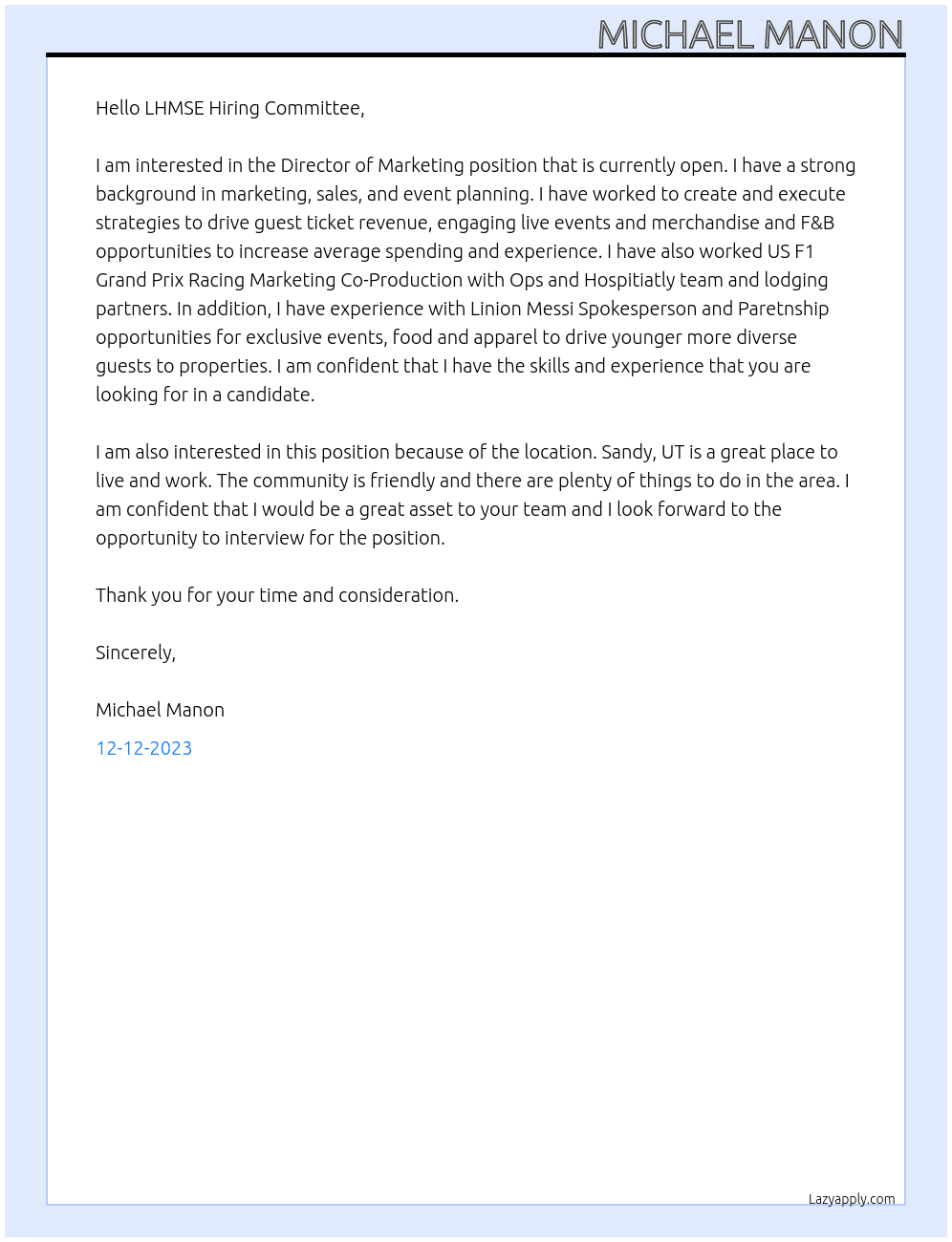 Director of Marketing At LHMSE Cover Letter