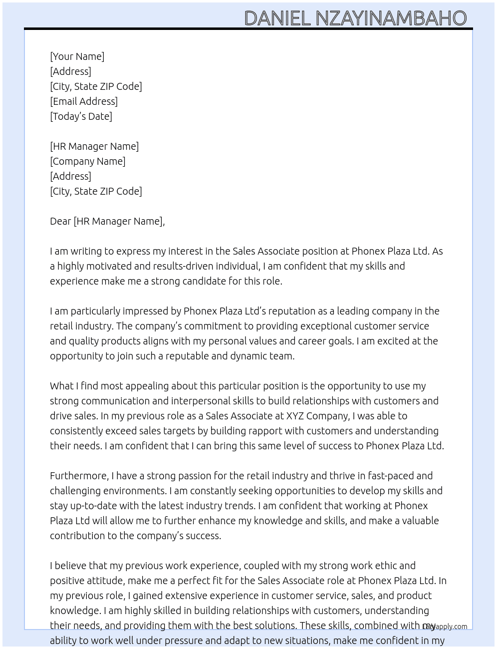 Sales Associate At Phonex plaza ltd Cover Letter