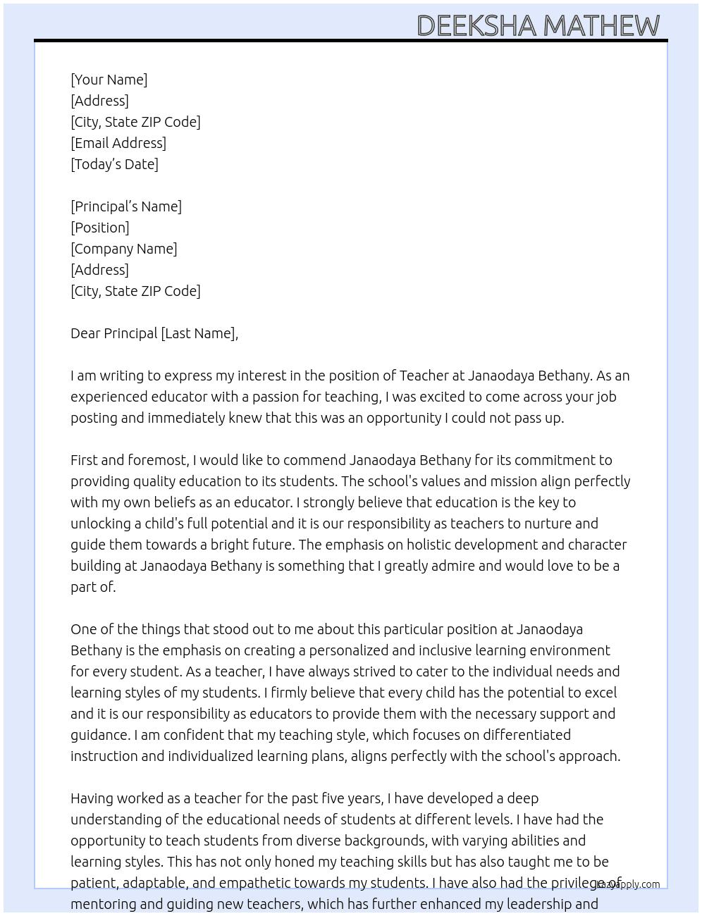 Teacher At Janaodaya Bethany  Cover Letter