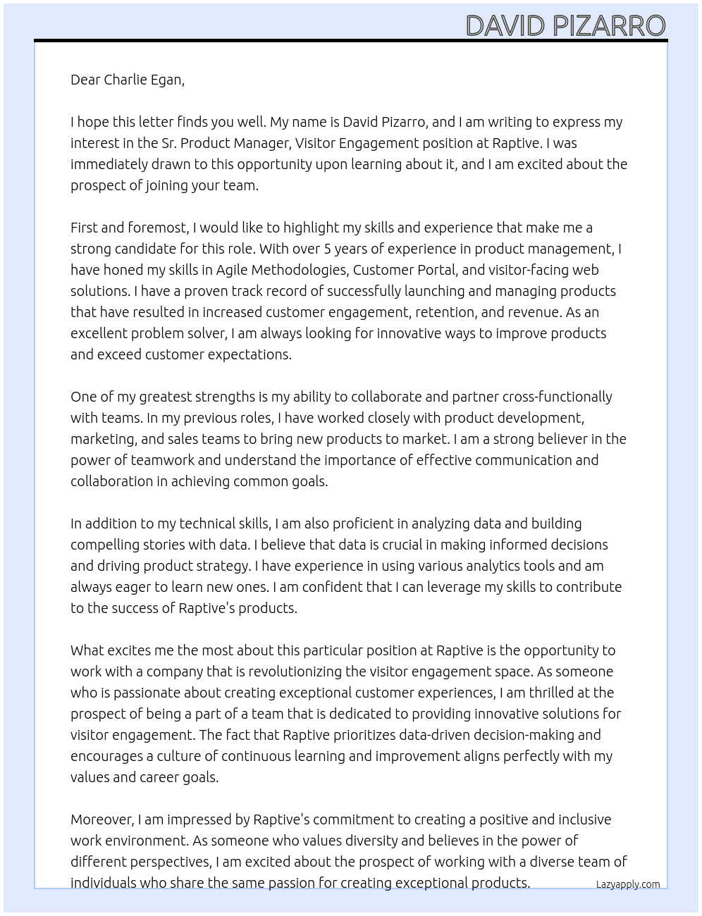 Sr. Product Manager, Visitor Engagement At Raptive Cover Letter