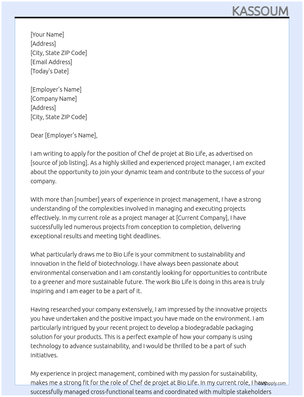 Chef de projet  At Bio Life Cover Letter