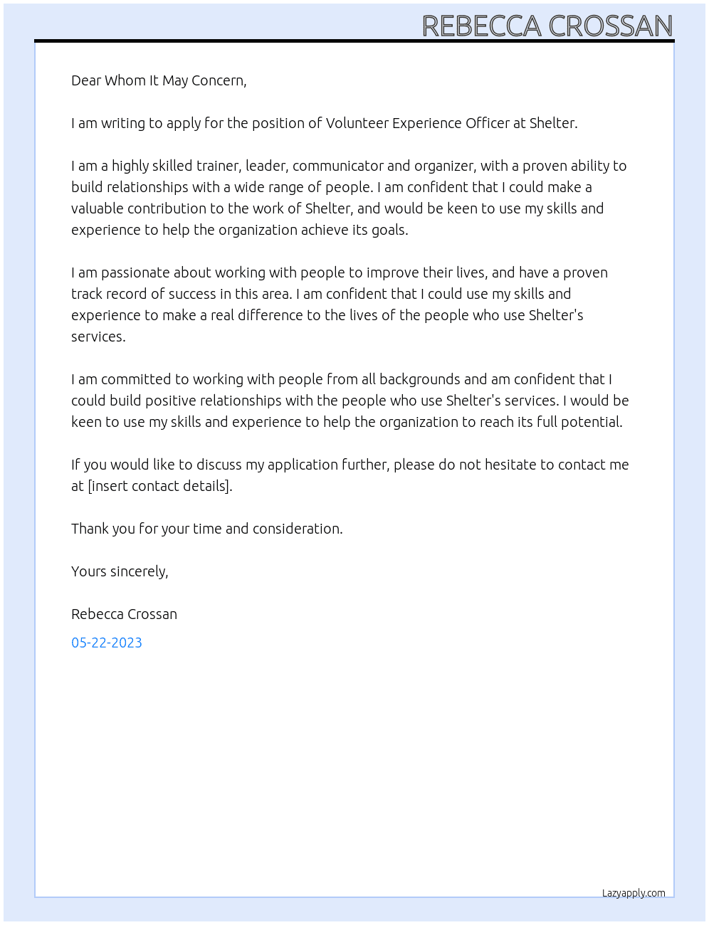 Volunteer Experience Officer At Shelter Cover Letter