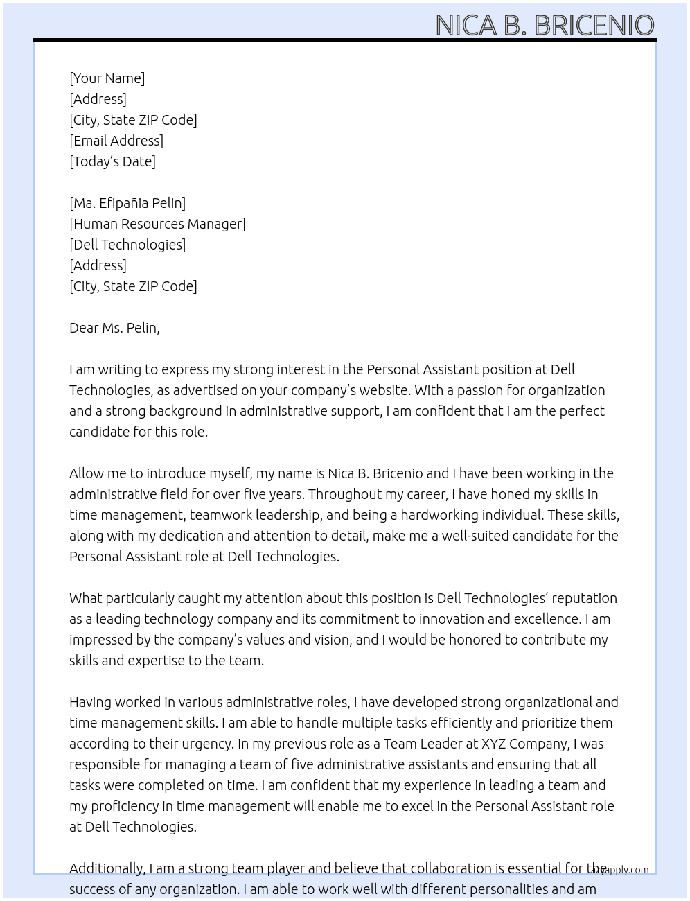 Personal assistant  At Dell technologies  Cover Letter