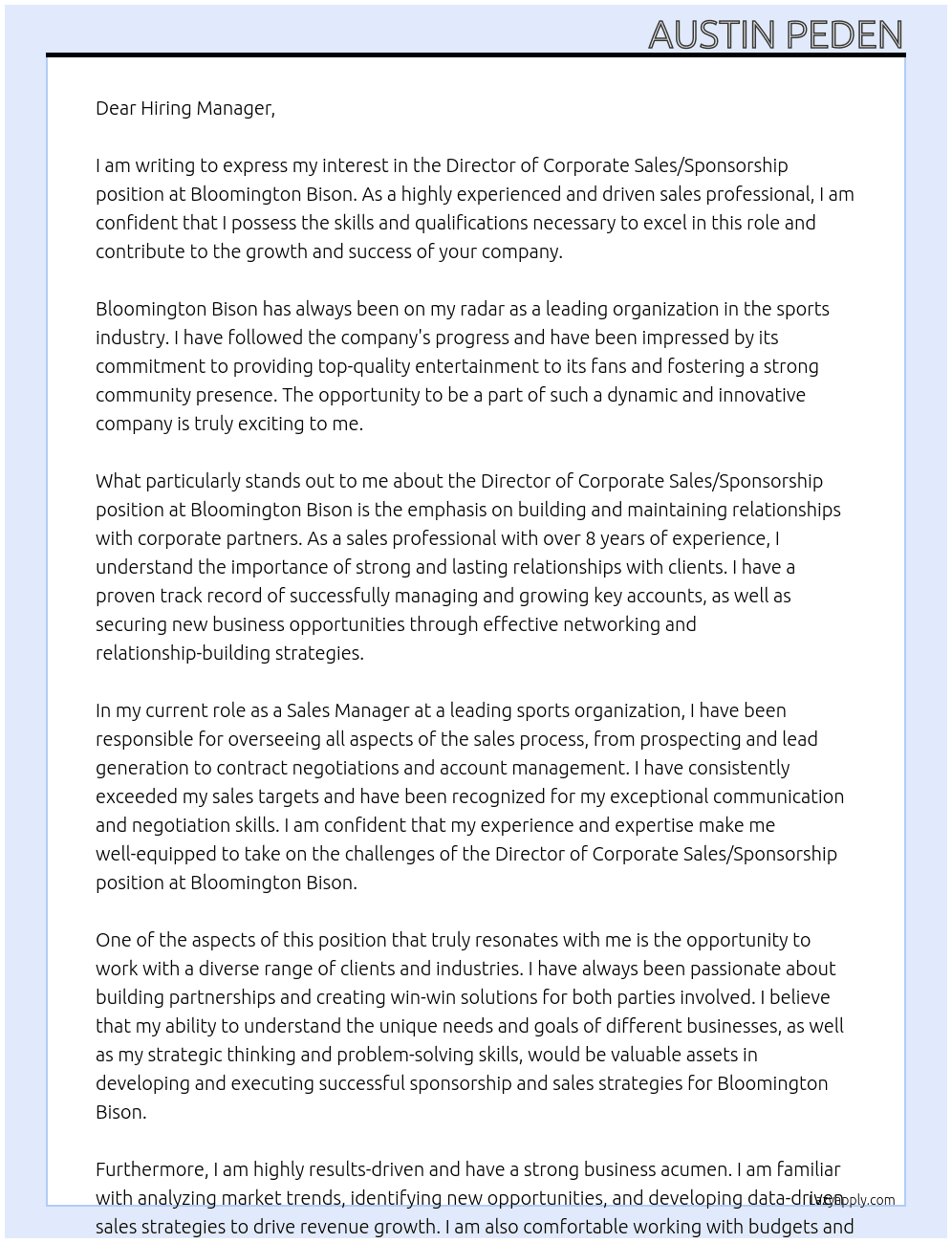 DIRECTOR OF CORPORATE SALES / SPONSORSHIP At Bloomington Bison Cover Letter