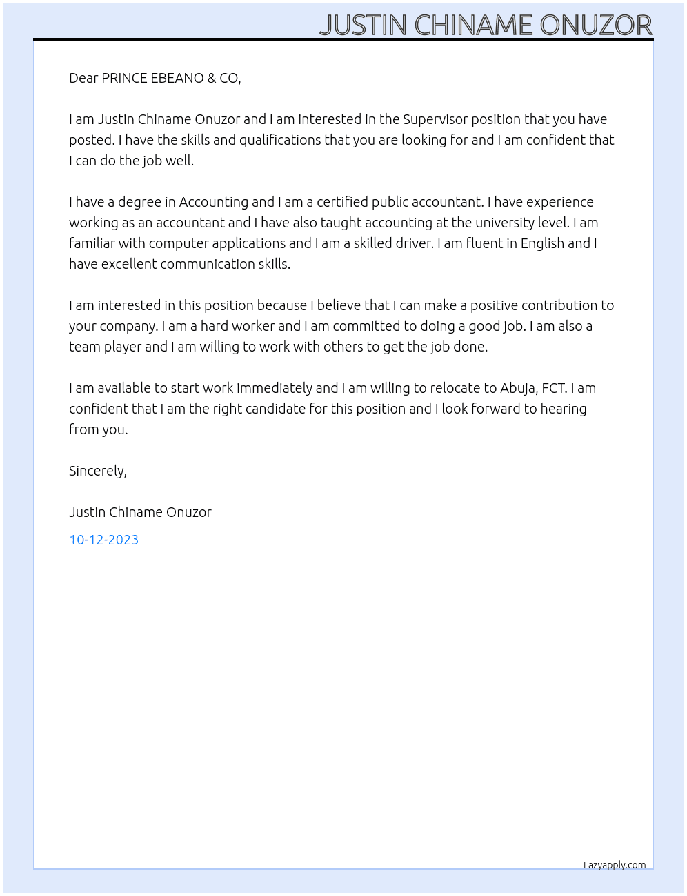 Supervisor  At PRINCE EBEANO & CO Cover Letter