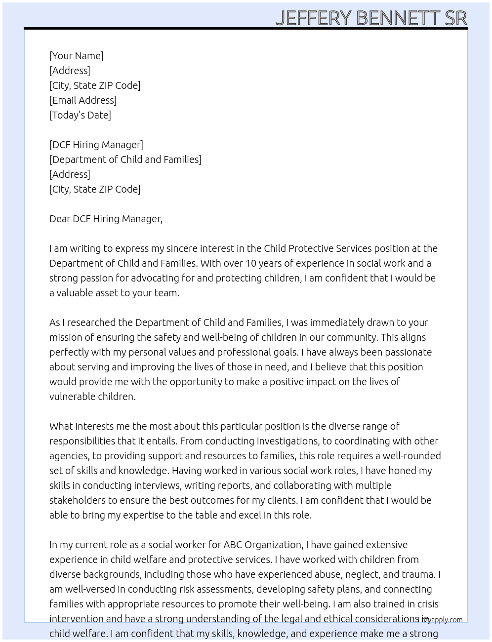 Child Protective Services  At Department of Child and Families Cover Letter