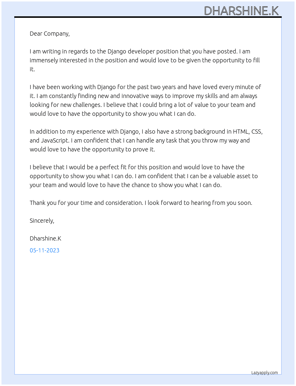 Django developer At Gharchalo Cover Letter