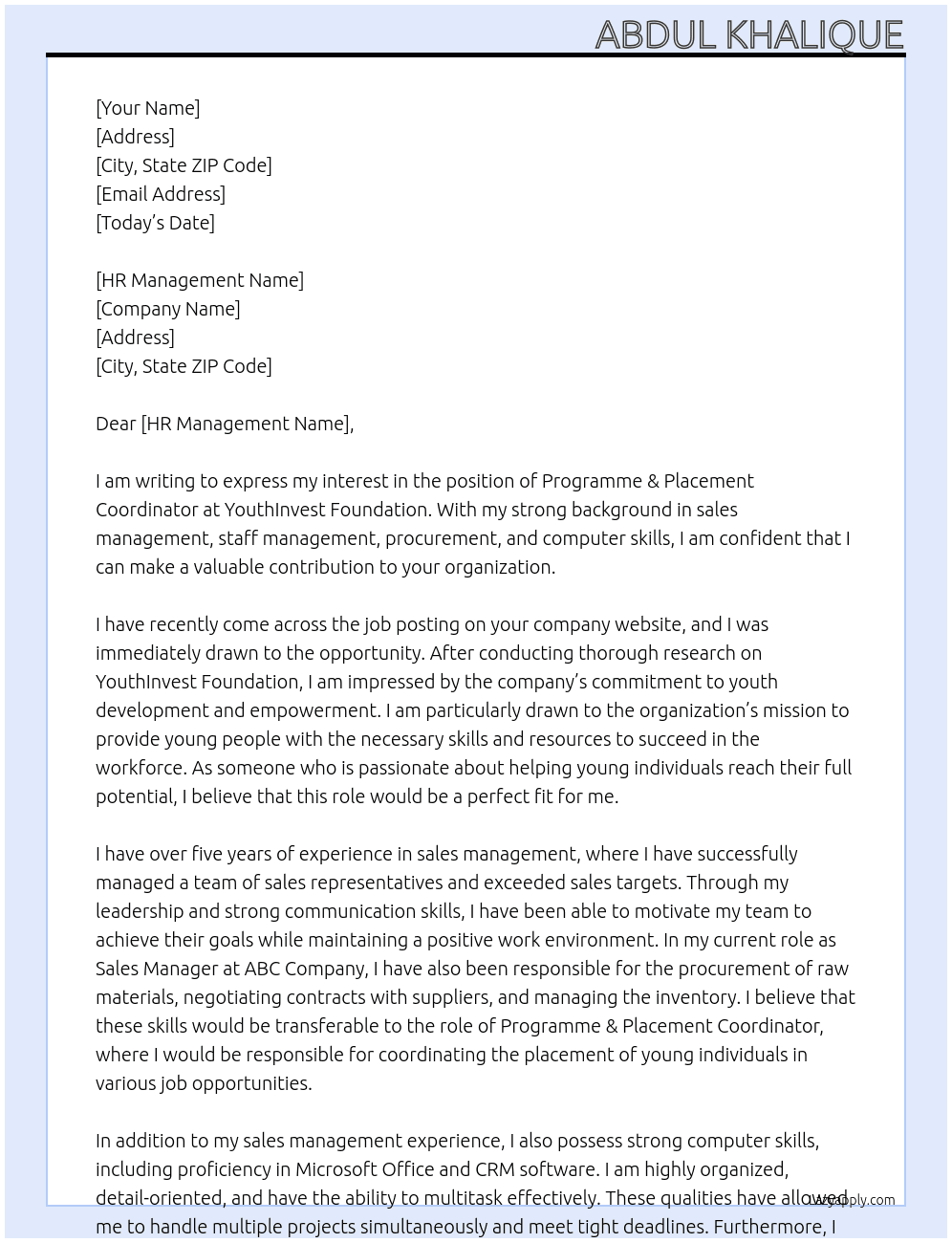 Programme & Placement Coordinator At YouthInvest Foundation Cover Letter