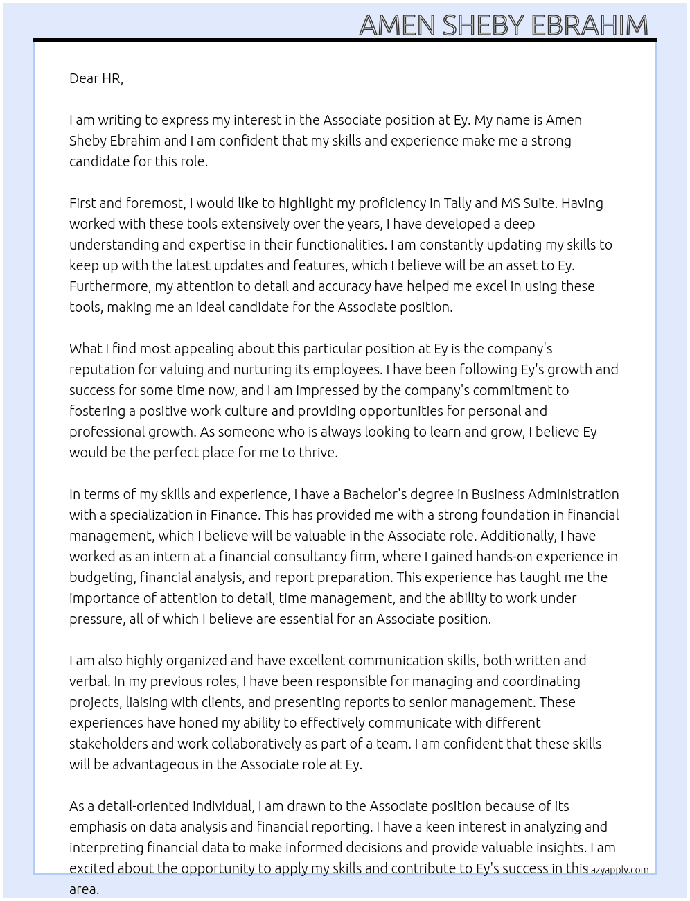 Associate  At Ey Cover Letter