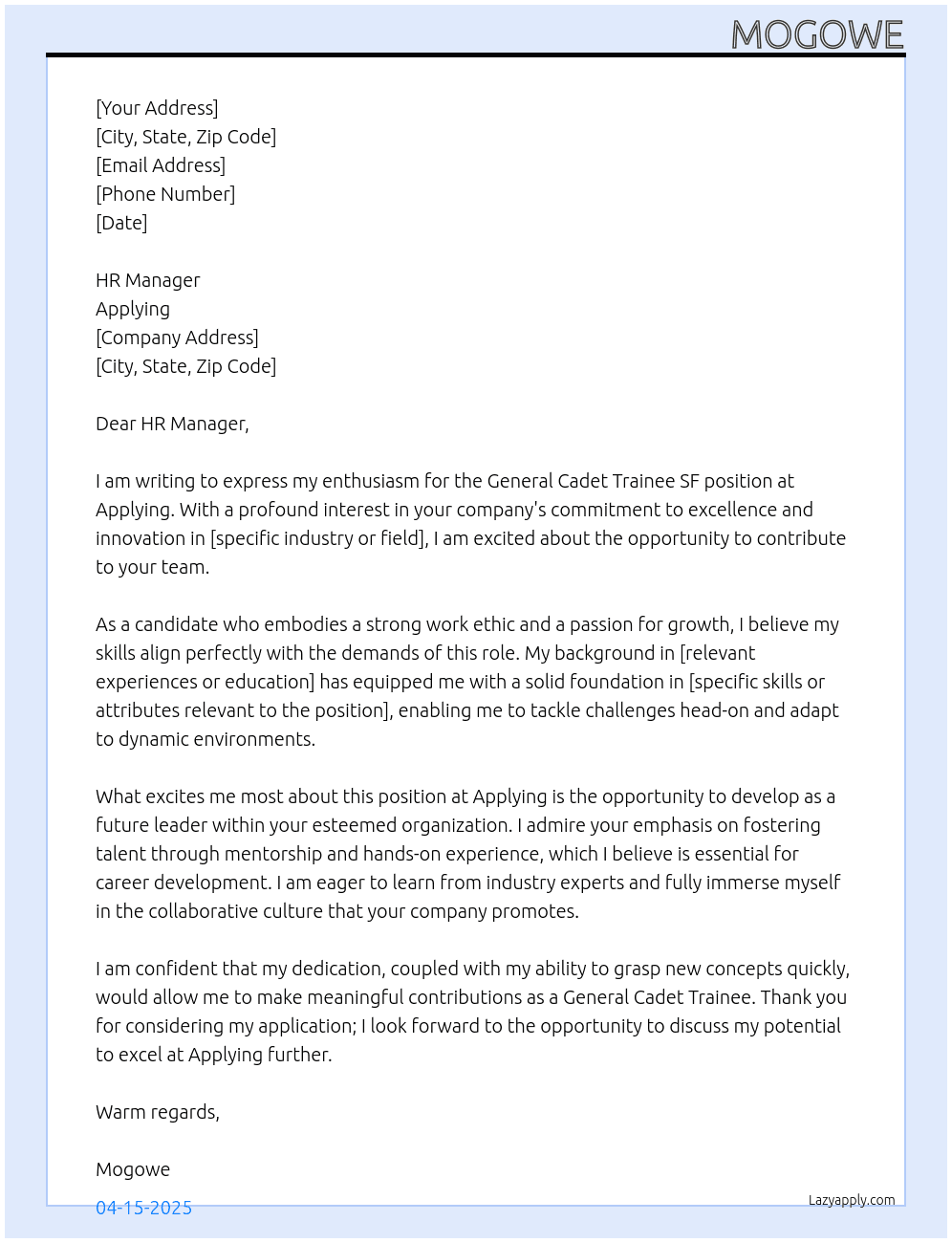 General Cadet Trainee SF At Applying  Cover Letter