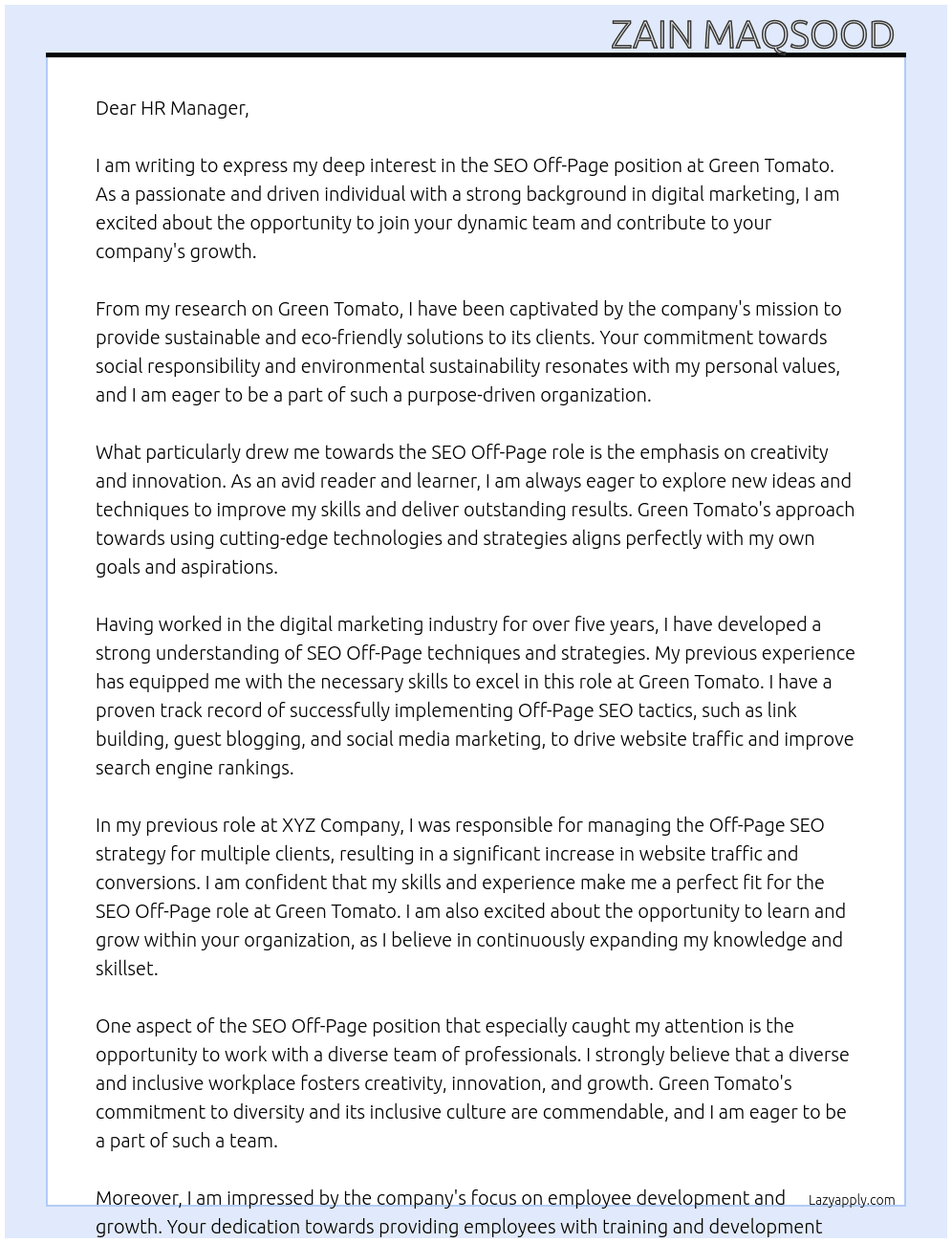 SEO Off-Page  At Green Tomato  Cover Letter
