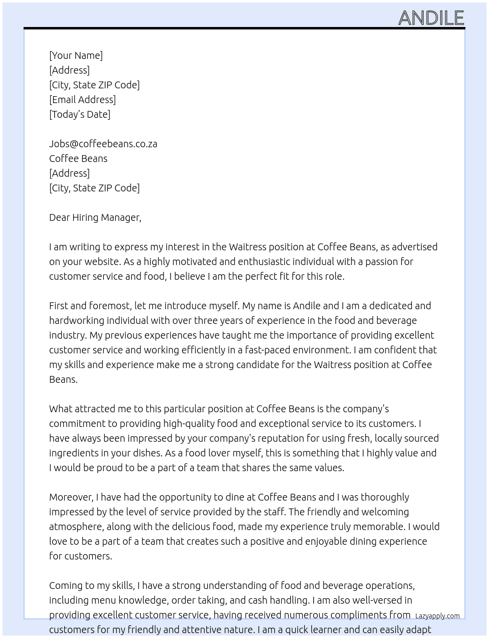 Waitress At Coffee Beans Cover Letter