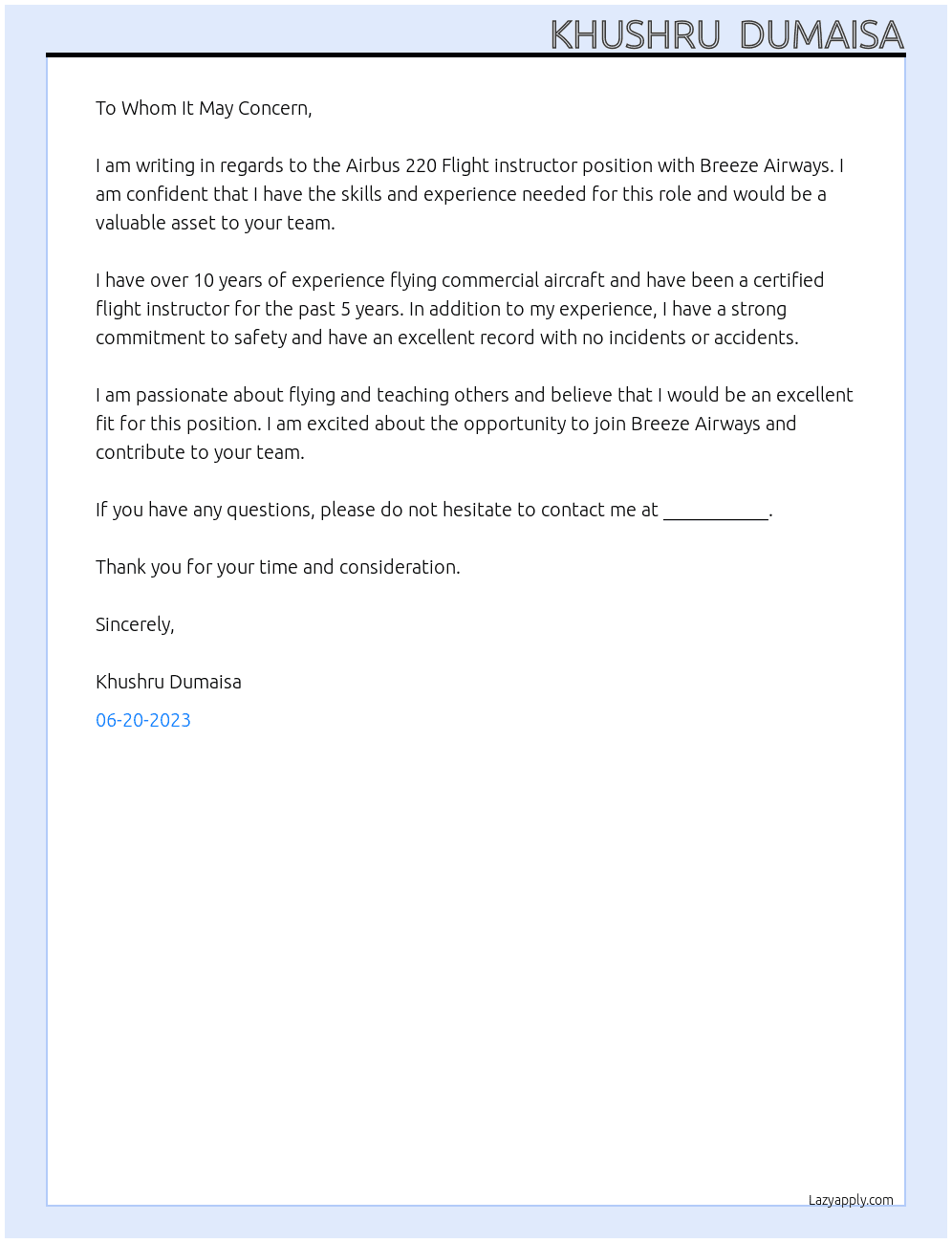 Cover letter for airbus 220 flight instructor - LazyApply