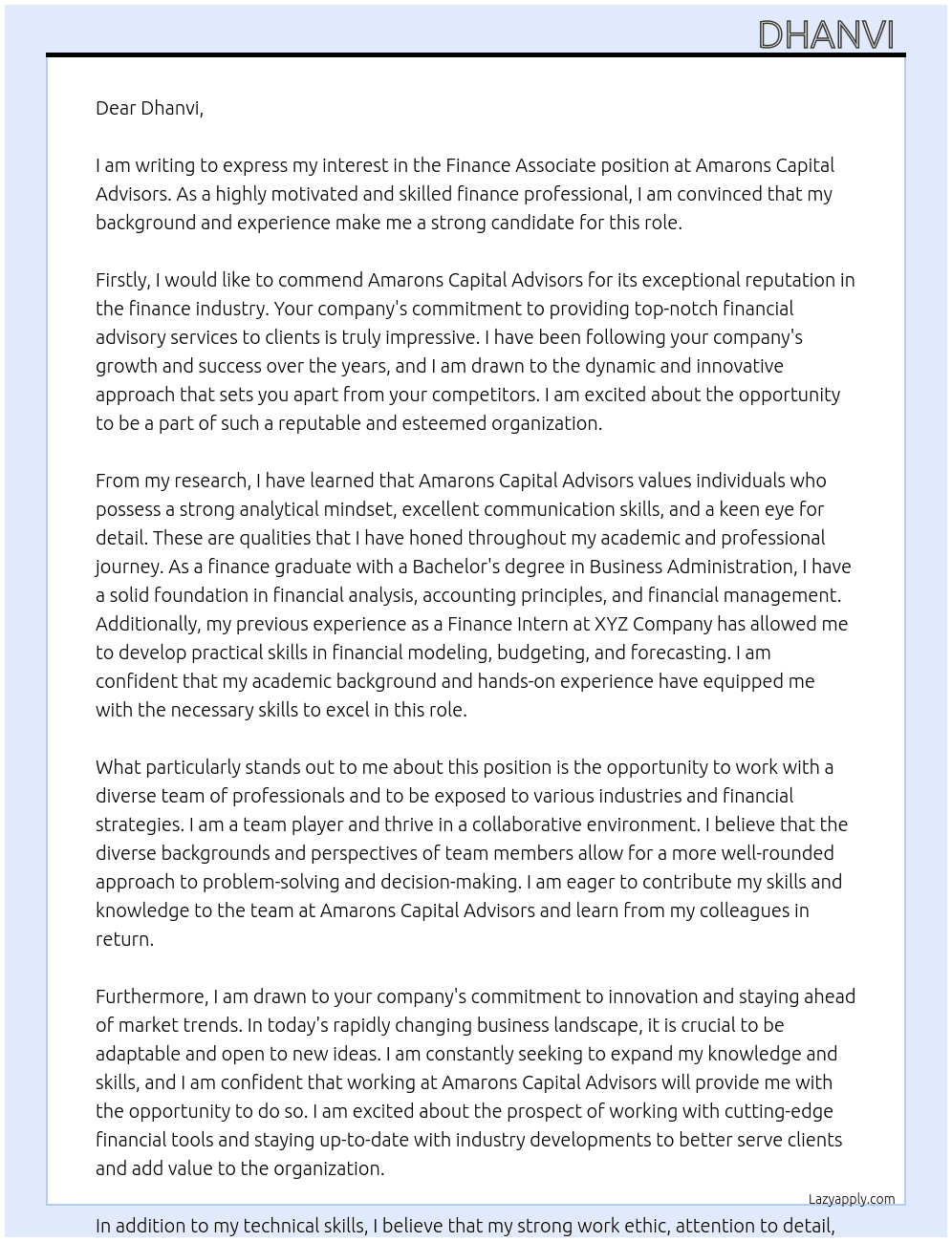 Finance Associate At Amarons capital advisors  Cover Letter