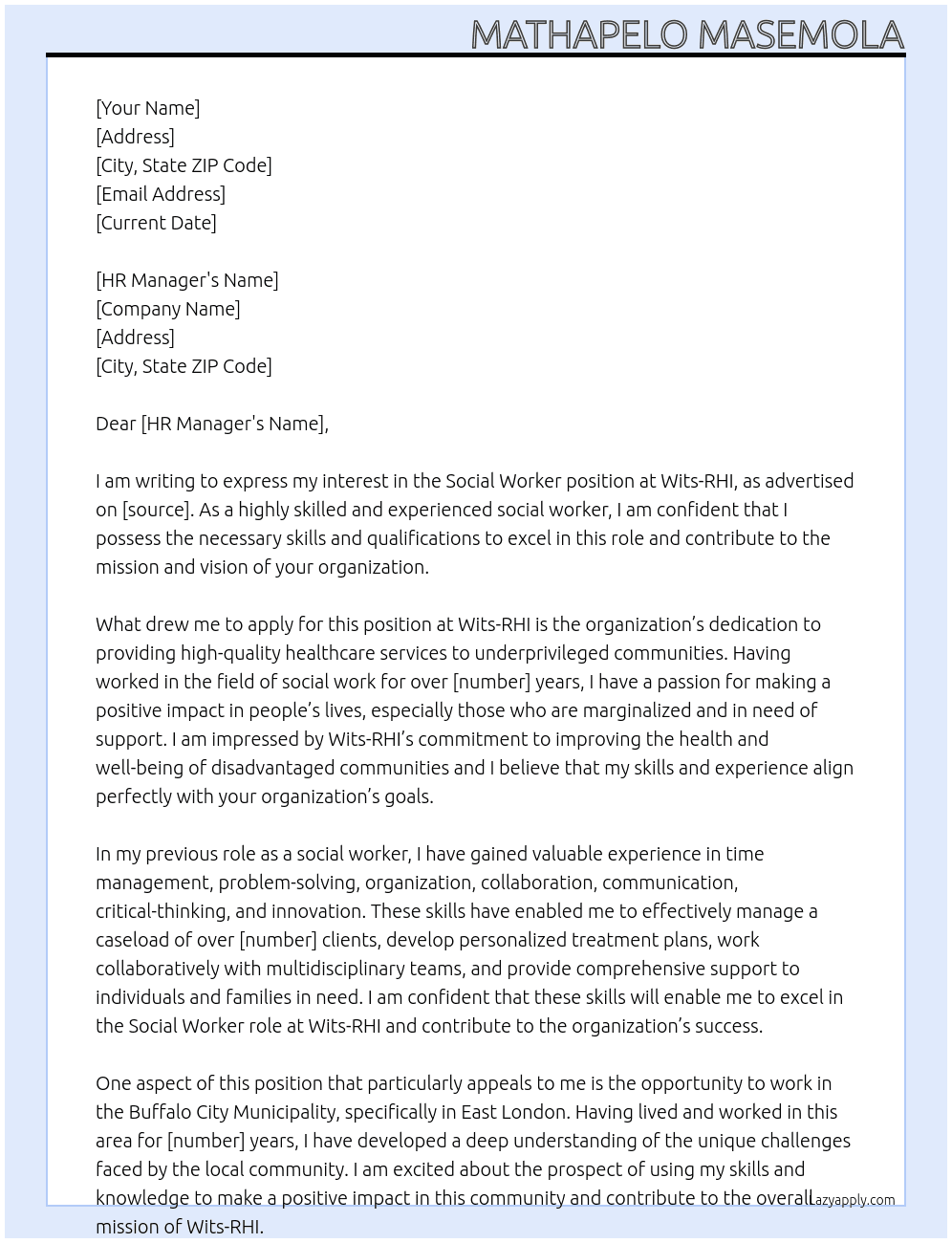SOCIAL WORKER  At Wits-RHI Cover Letter