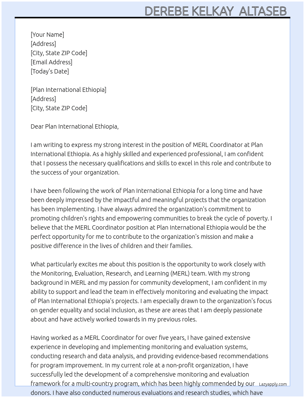 MERL Coordinator  At  Plan International Ethiopia Cover Letter