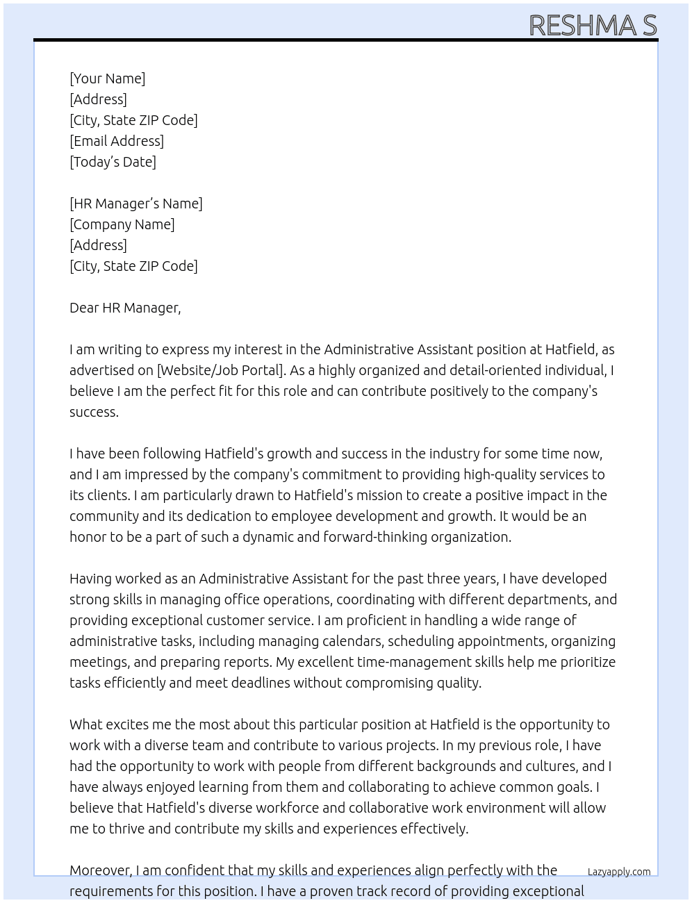 ADMIN ASSISTANT  At HATFIELD  Cover Letter
