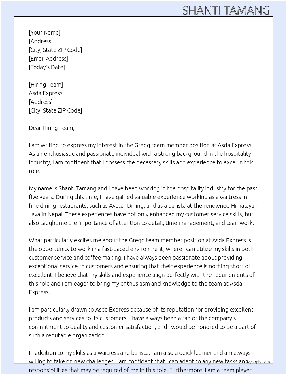 Gregg team member At Asda express  Cover Letter
