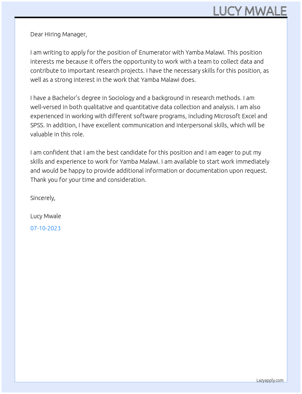 Enumerator At Yamba Malawi Cover Letter