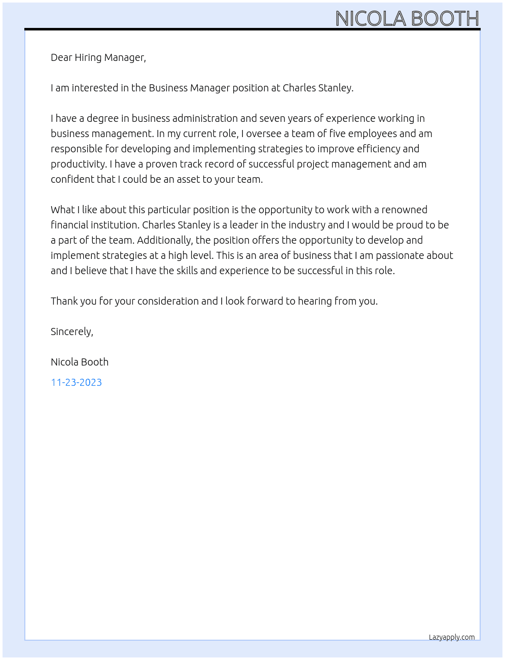 Business Manager At Charles Stanley Cover Letter