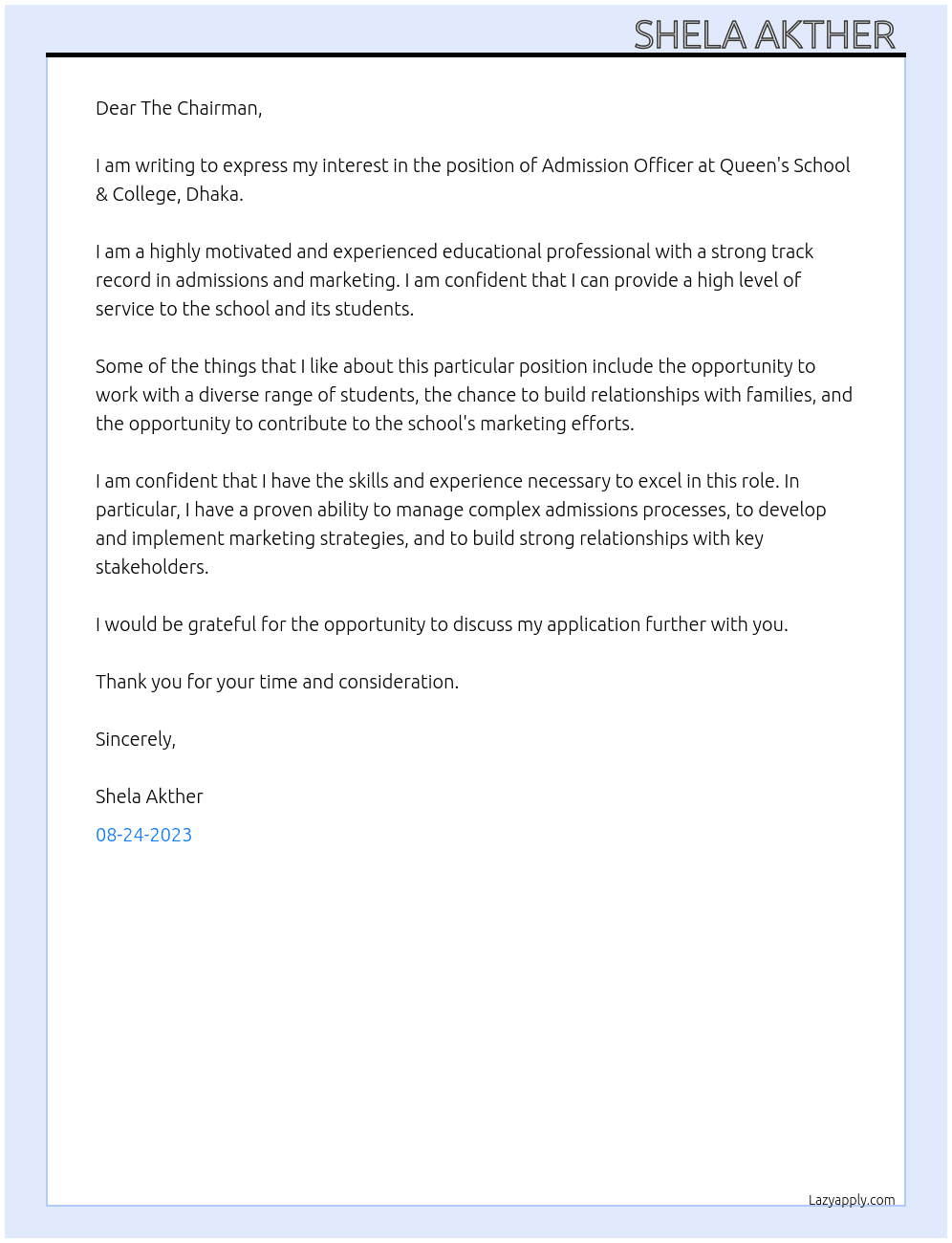 Admission Officer At Queen's School & College, Dhaka. Cover Letter