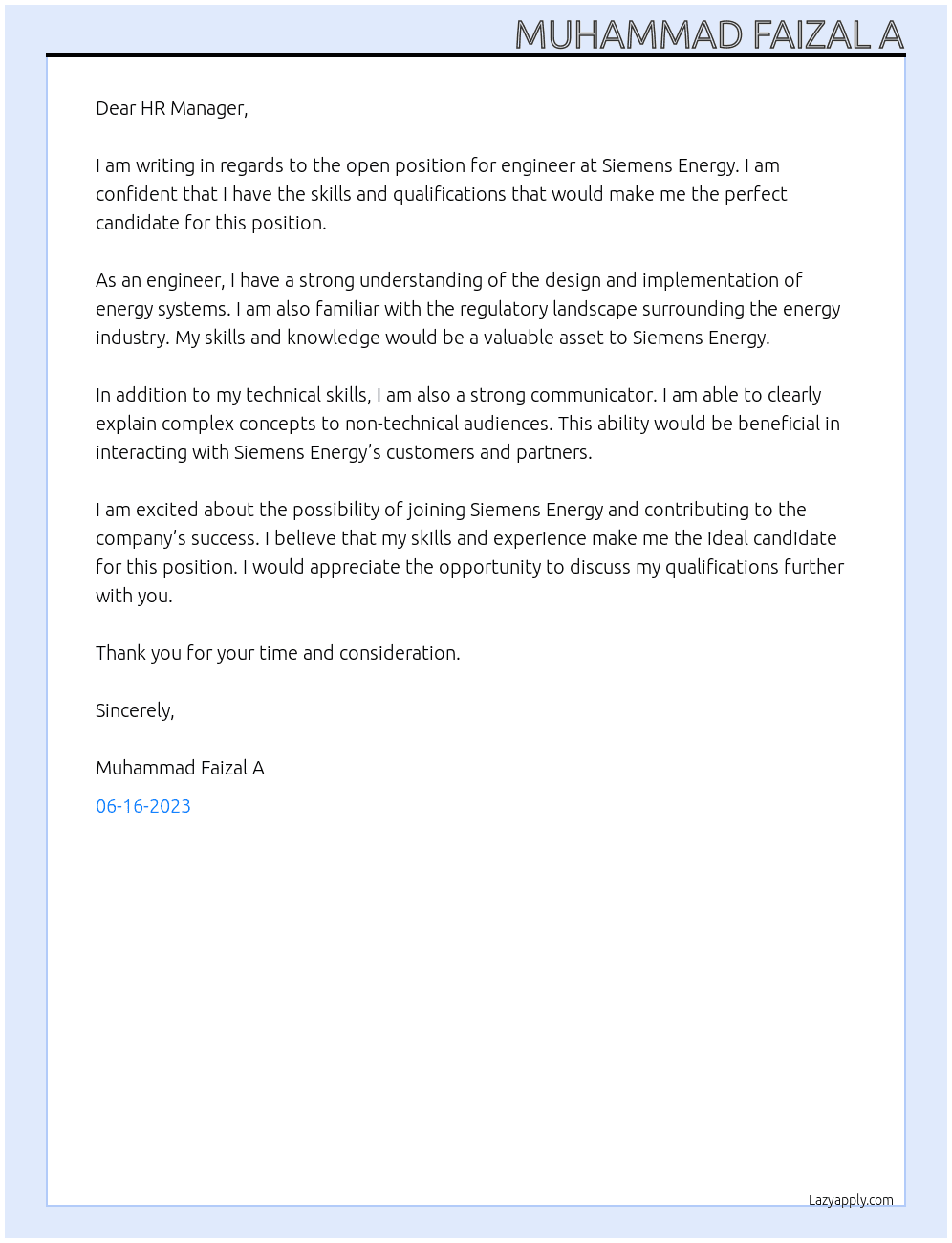 Engineer At Siemens Energy Cover Letter